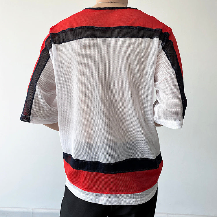 Mesh Contrast Color Round Neck T-Shirt