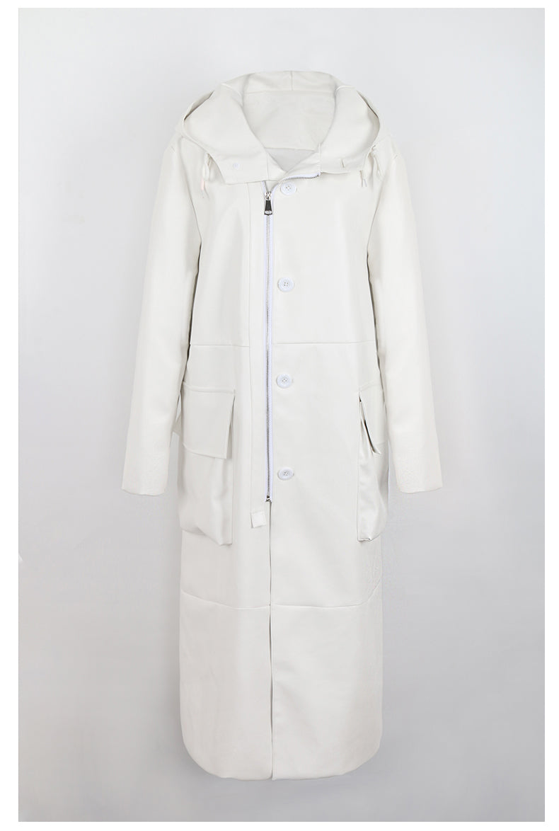 Long Black Loose Solid Leather Coat