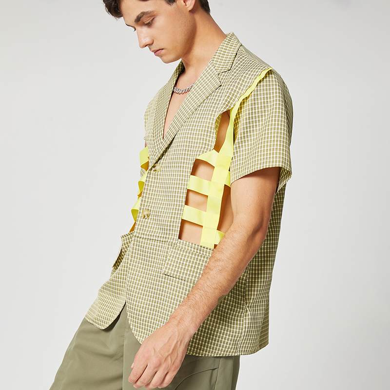 Hollow Out Plaid Polyester Blazer