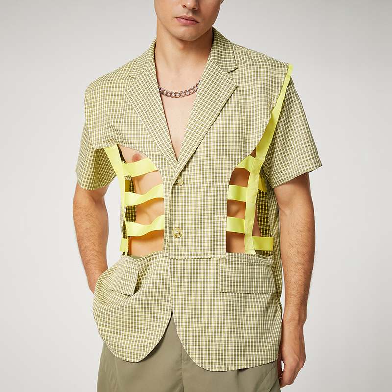 Hollow Out Plaid Polyester Blazer