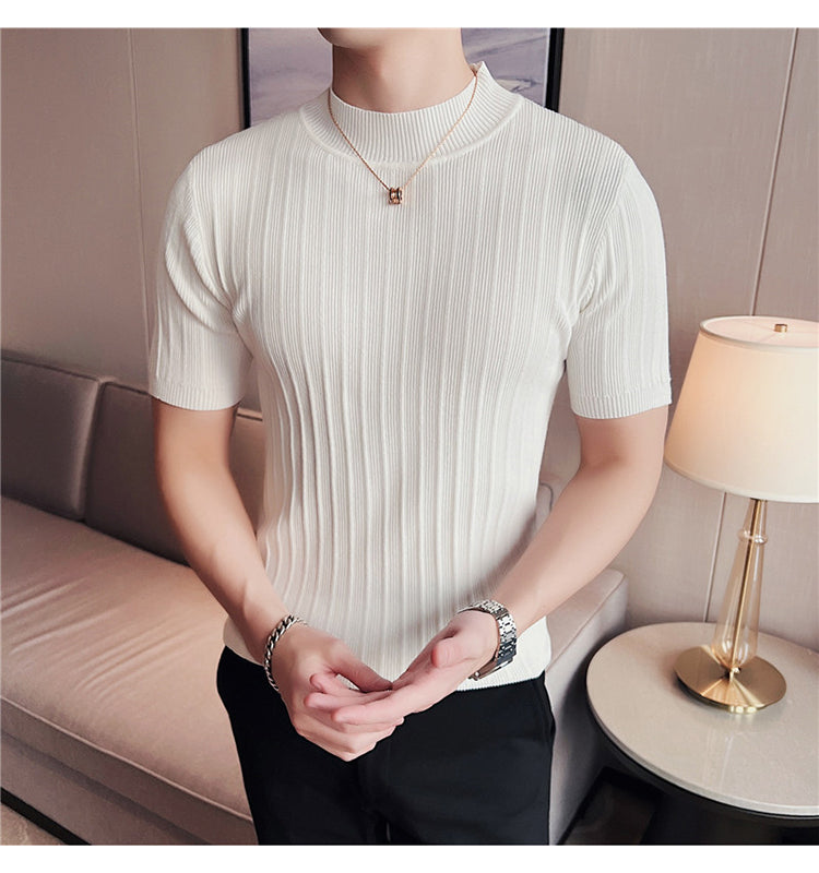 Knitted Elasticity Stripes Polyester T-Shirt