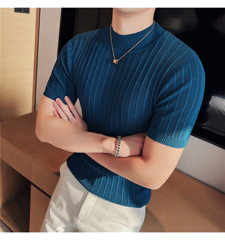 Knitted Elasticity Stripes Polyester T-Shirt