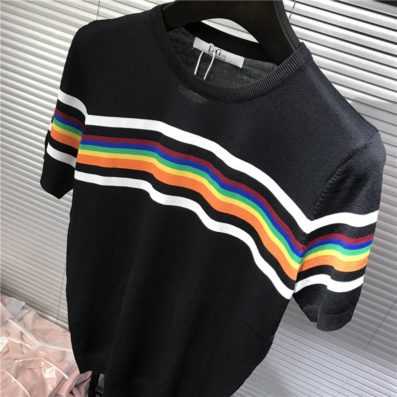 Colorful Stripe Printed Polyester T-Shirt