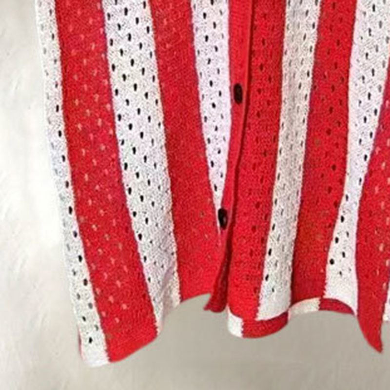 Contrasting Stripes Hollow Knitted Shorts Set