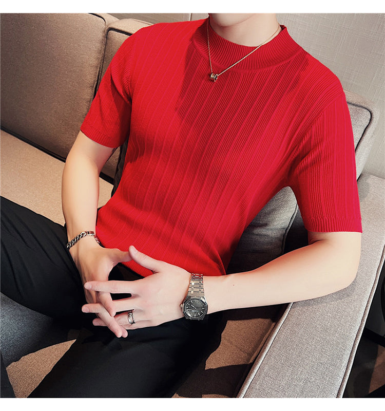 Knitted Elasticity Stripes Polyester T-Shirt