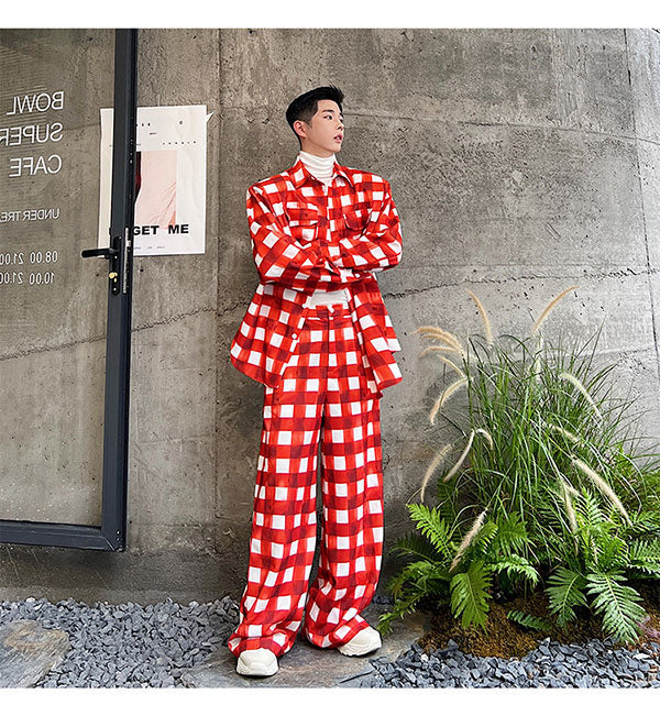 Crimson White Plaid Color Pants Set