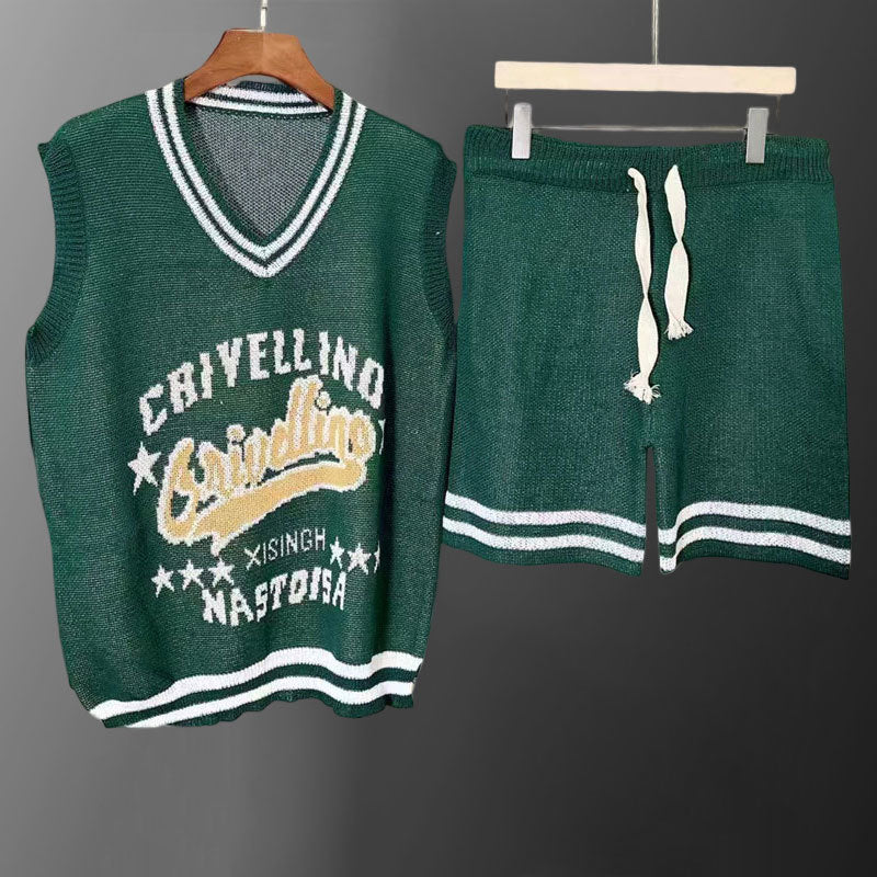 Contrast Geometric Pattern Vest Shorts Set