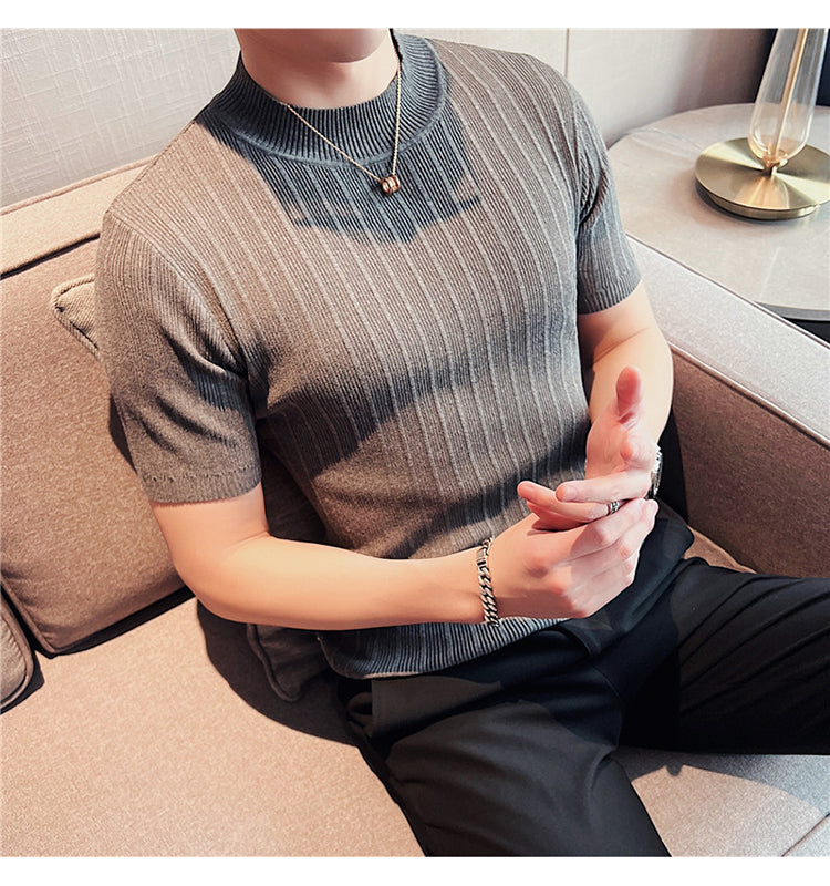Knitted Elasticity Stripes Polyester T-Shirt