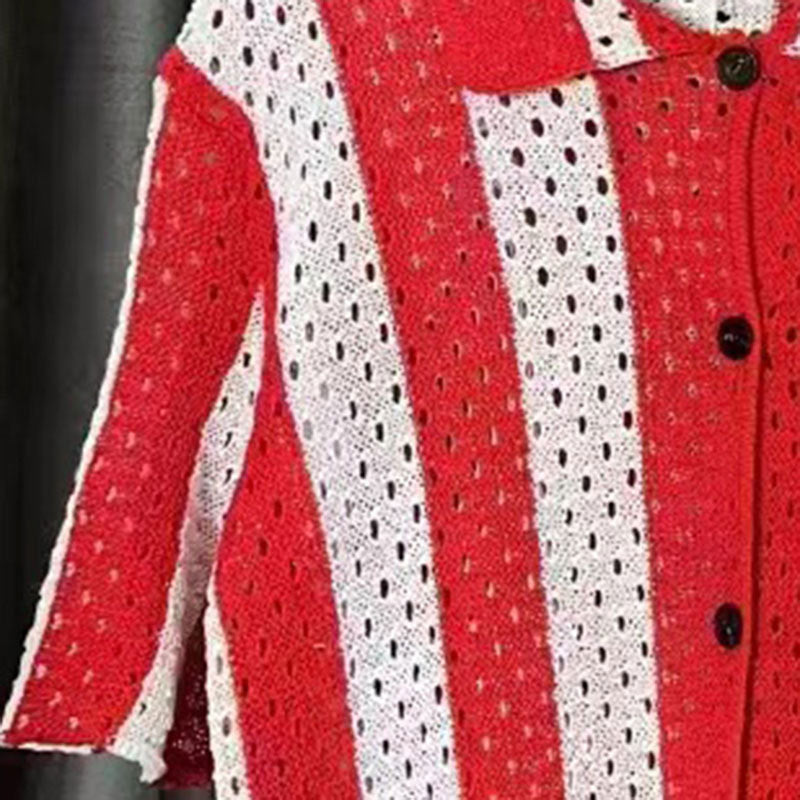 Contrasting Stripes Hollow Knitted Shorts Set