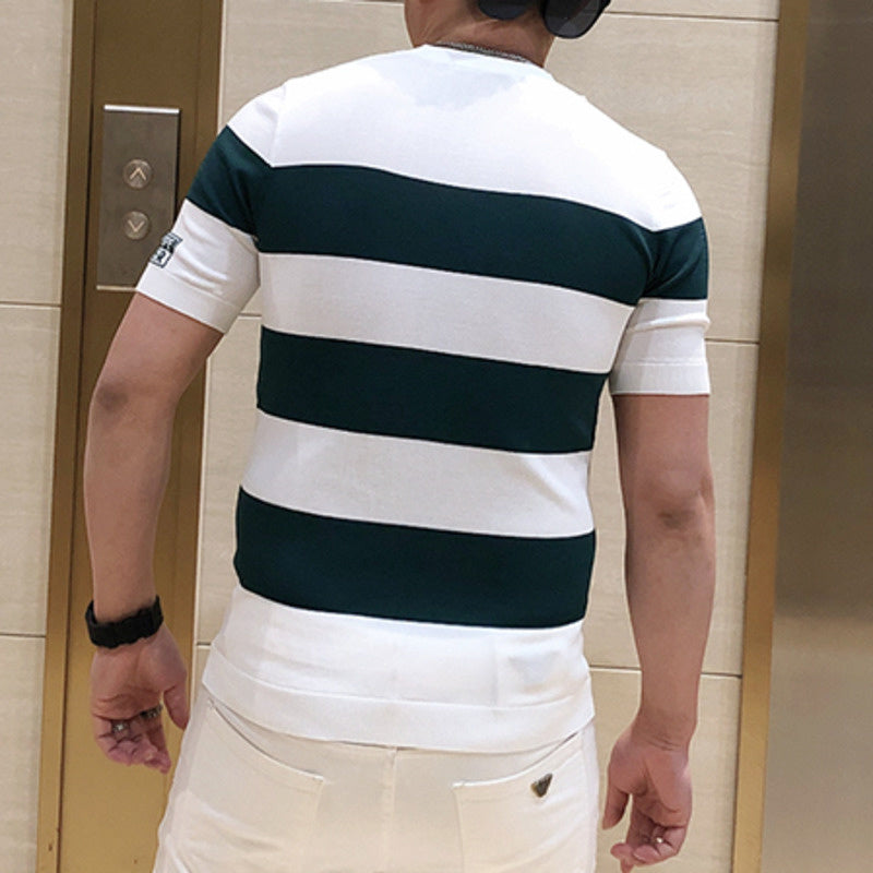 Stripe Embroidery Badge Polyester T-Shirt