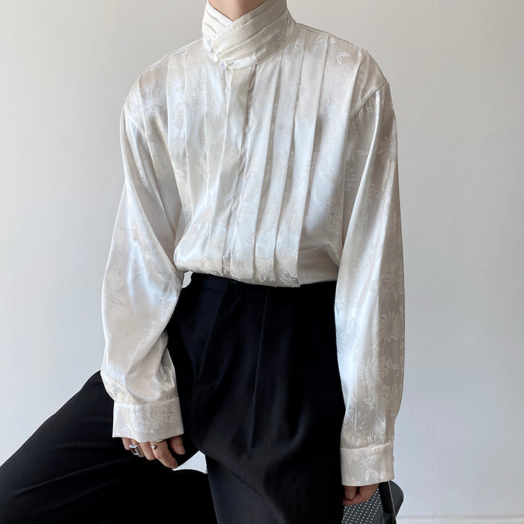 Chinese Pleated Stand Collar Shirt