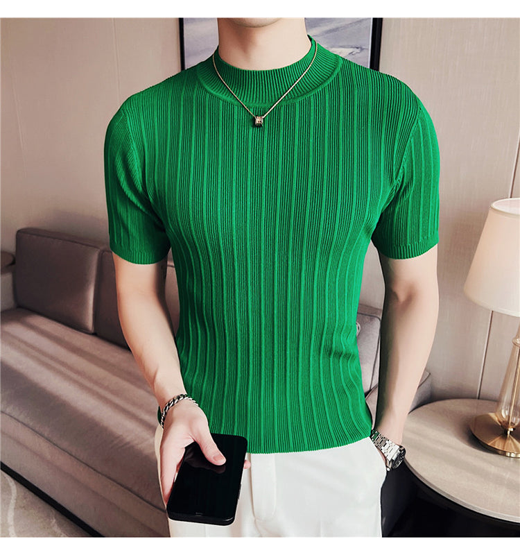 Knitted Elasticity Stripes Polyester T-Shirt