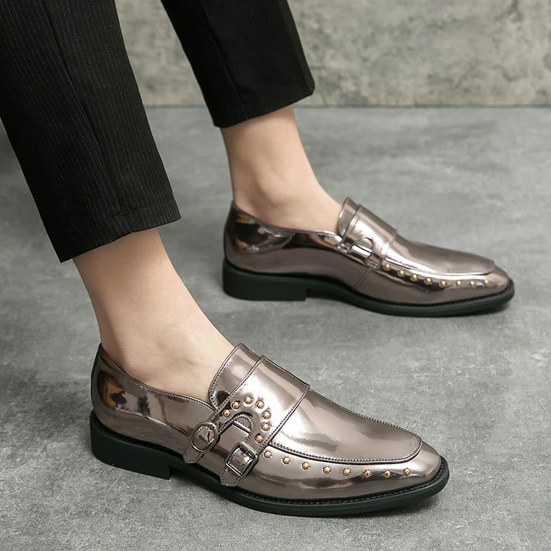 Shiny Color Rivet Leather Monk Shoes