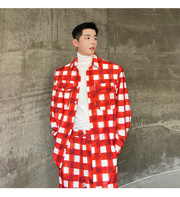 Crimson White Plaid Color Pants Set