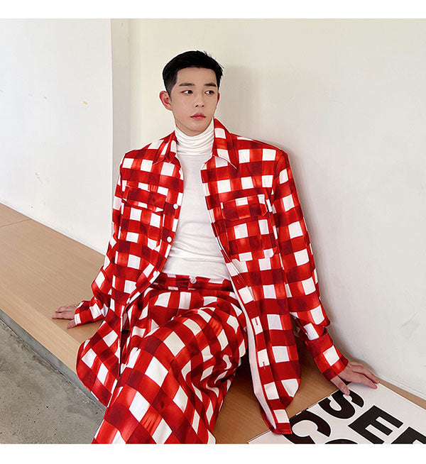 Crimson White Plaid Color Pants Set