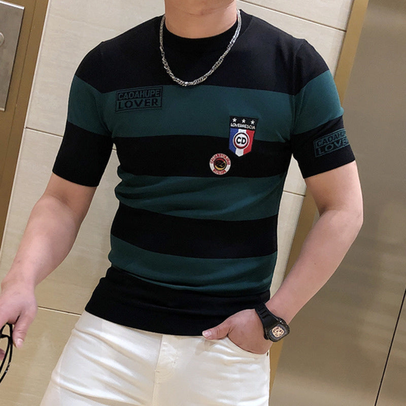 Stripe Embroidery Badge Polyester T-Shirt