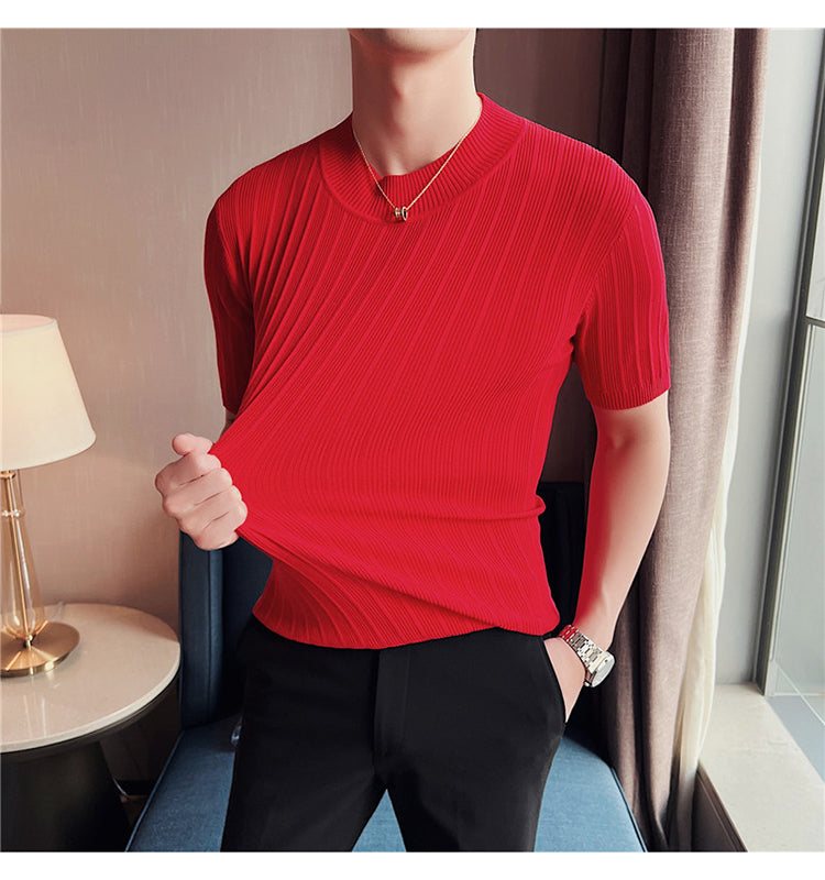 Knitted Elasticity Stripes Polyester T-Shirt