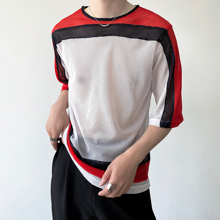 Mesh Contrast Color Round Neck T-Shirt