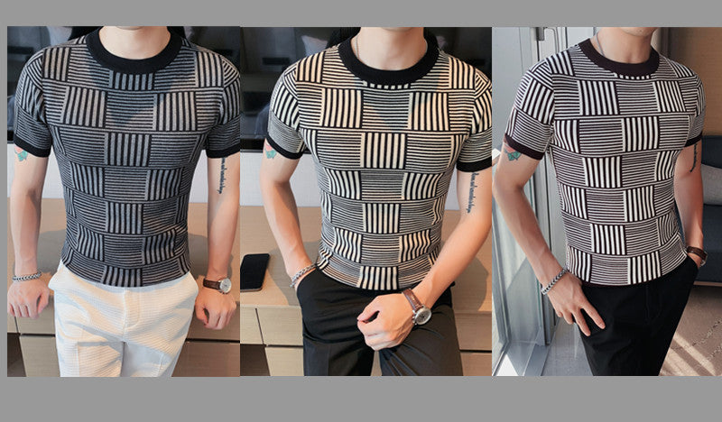 Contras Plaid Color Striped O-Neck T-Shirt