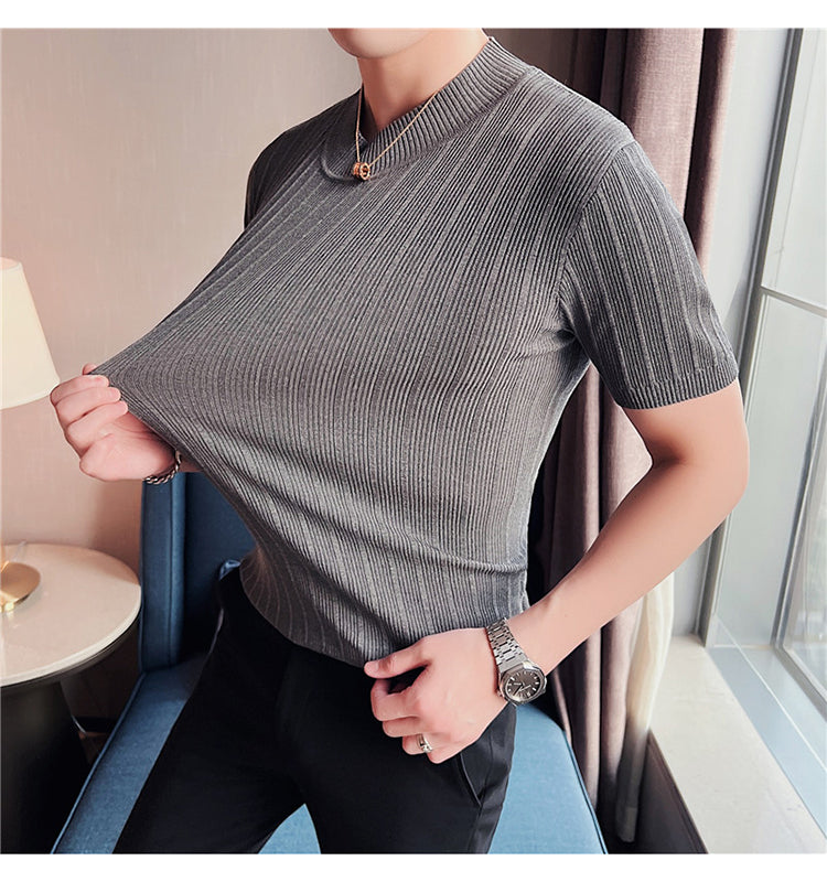 Knitted Elasticity Stripes Polyester T-Shirt