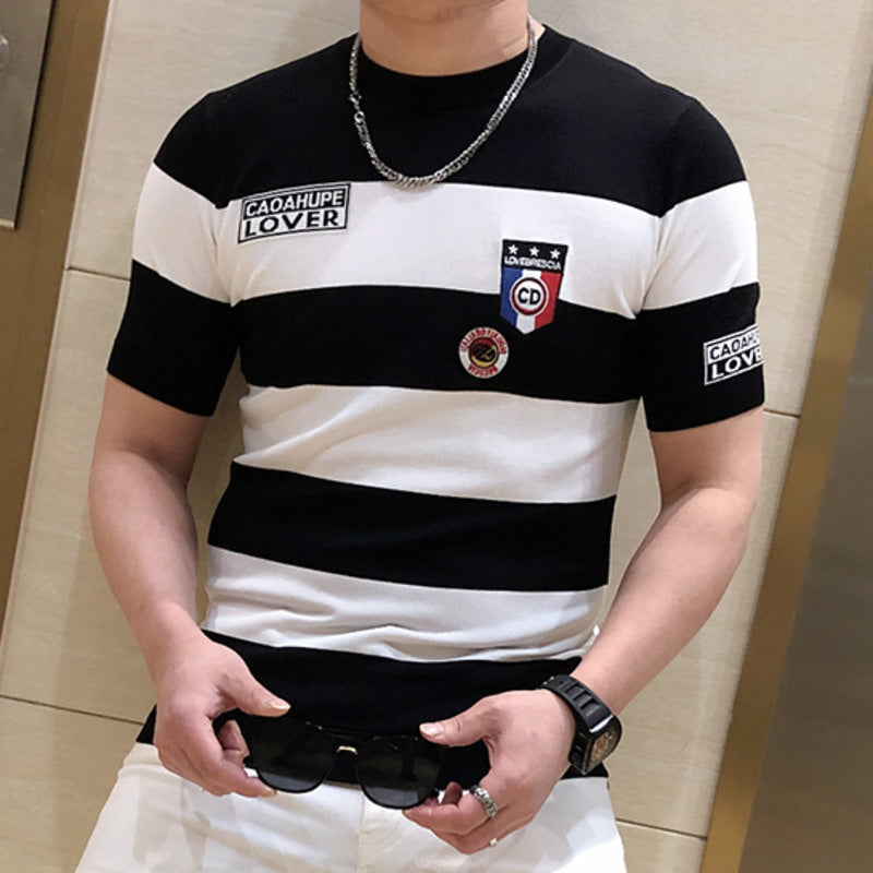 Stripe Embroidery Badge Polyester T-Shirt