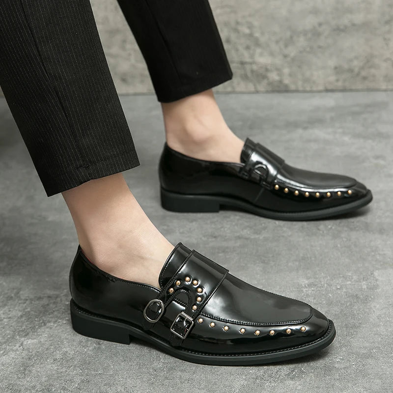 Shiny Color Rivet Leather Monk Shoes