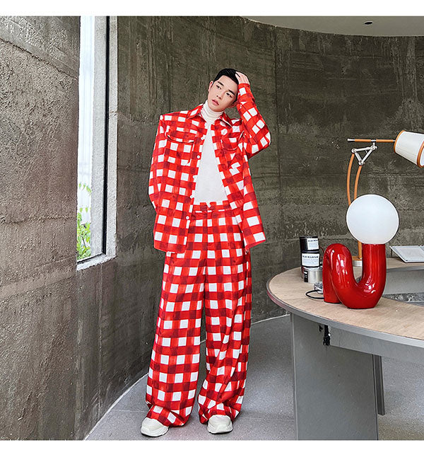 Crimson White Plaid Color Pants Set