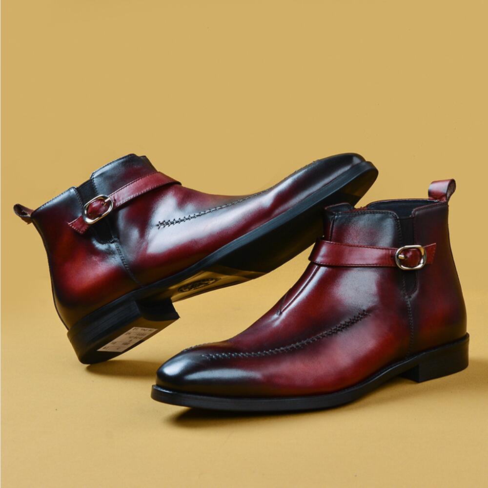 Genuine Leather Buckle Two Tone Men Chelsea Boots