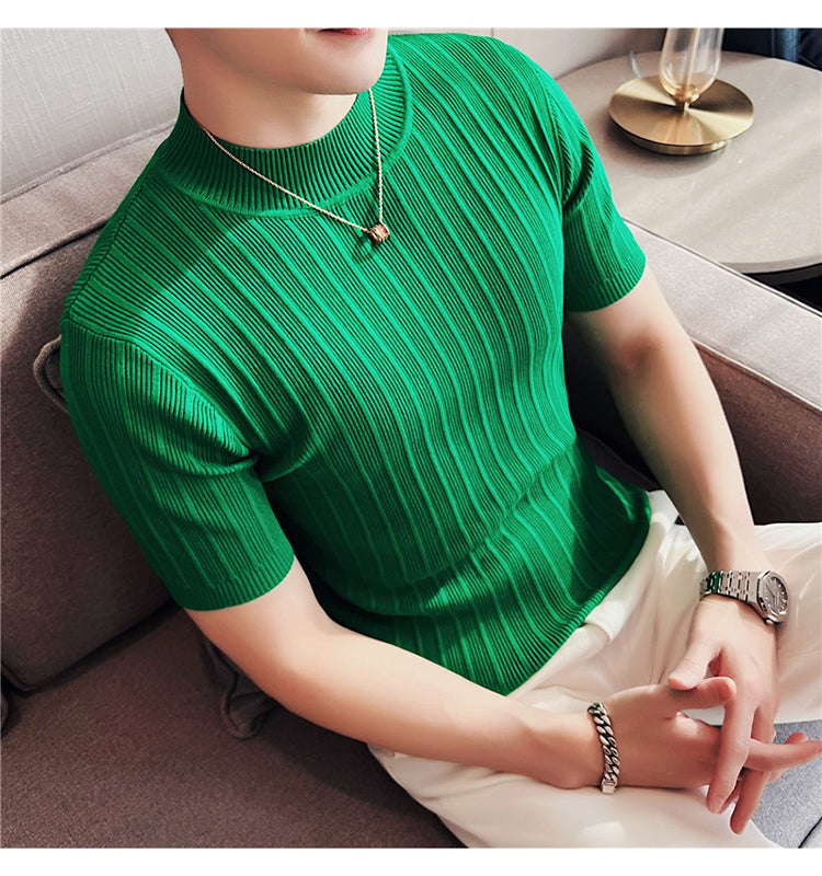 Knitted Elasticity Stripes Polyester T-Shirt