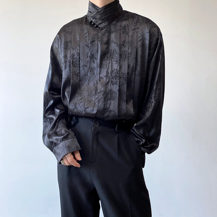 Chinese Pleated Stand Collar Shirt