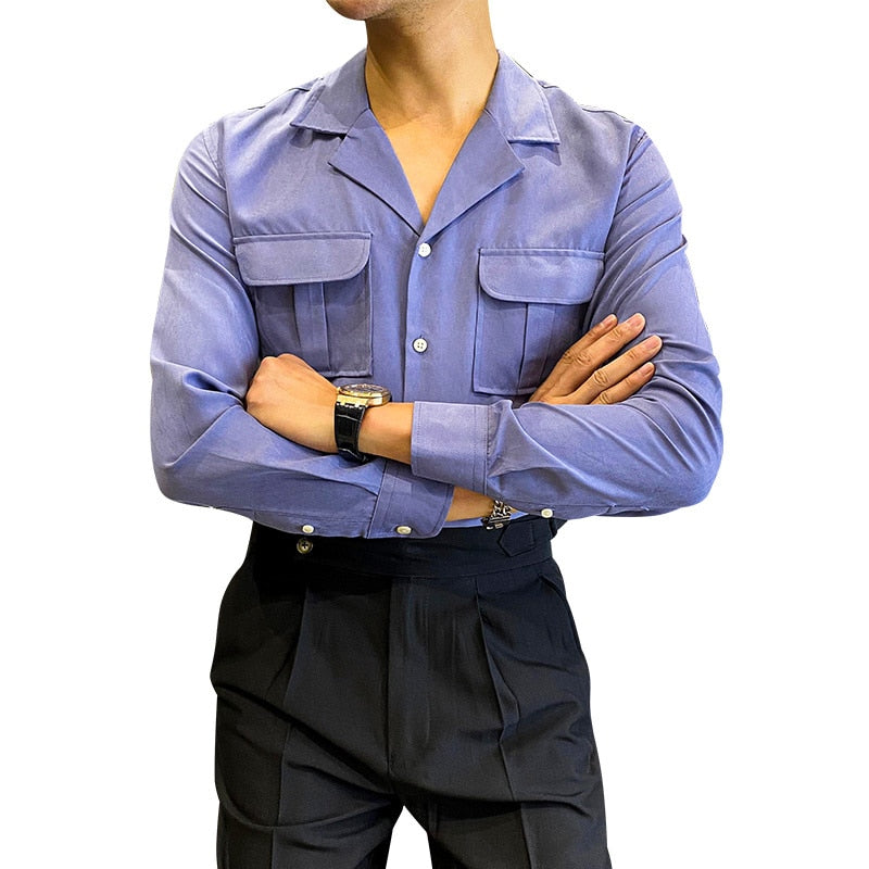 Solid Color Safari Double Pocket Decorated Shirt