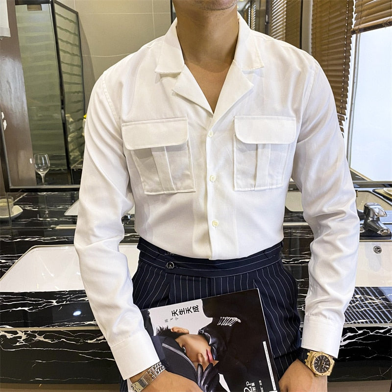 Solid Color Safari Double Pocket Decorated Shirt