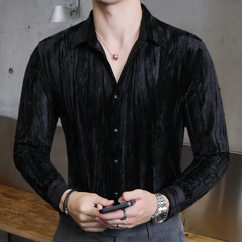 Solid Pleated Slim Fit Long Sleeve Shirt