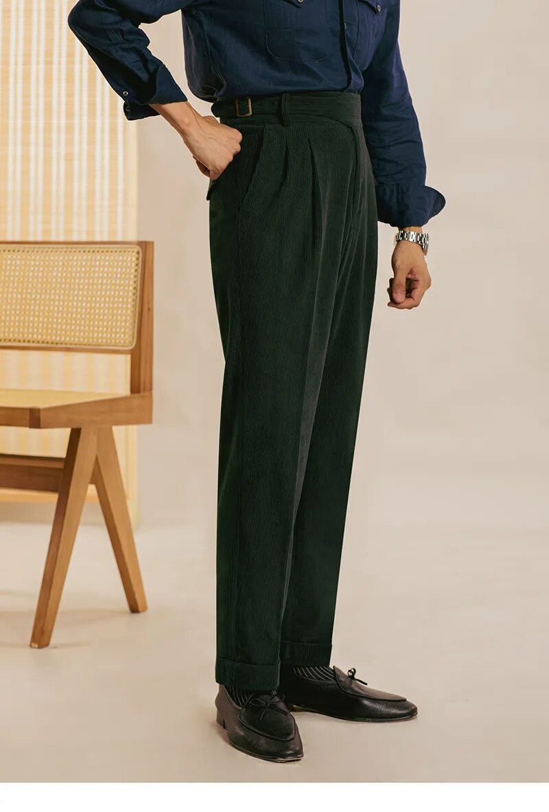 High Waist Side Buckle Corduroy Trousers