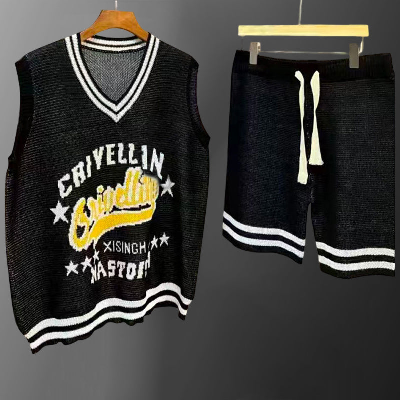 Contrast Geometric Pattern Vest Shorts Set