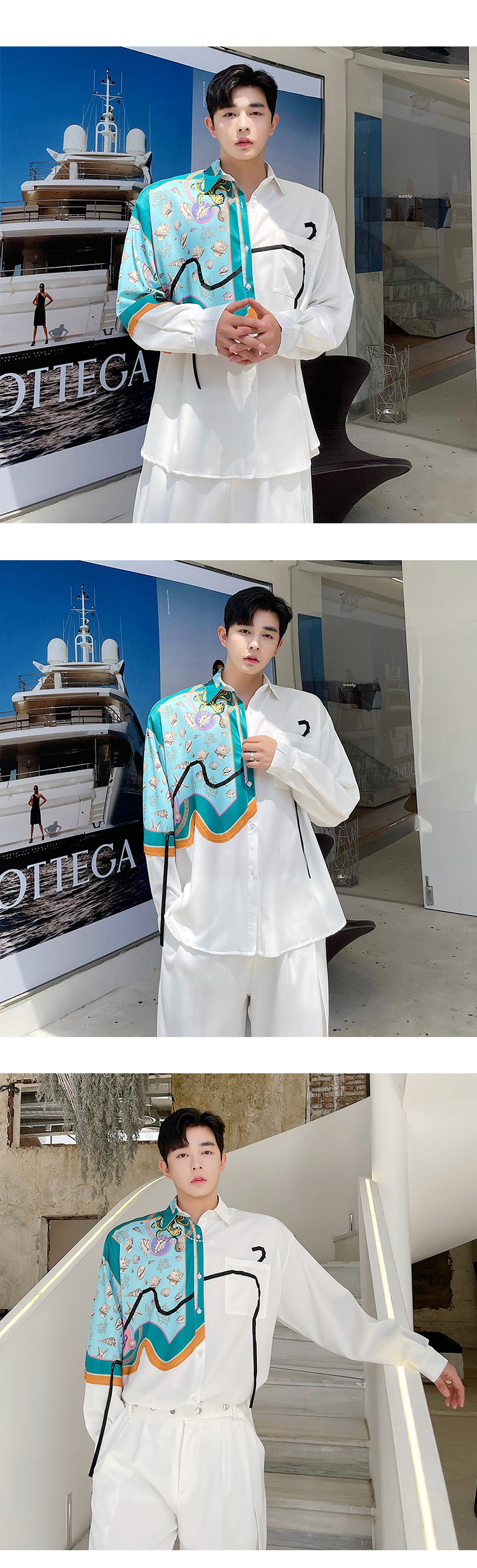 Printed Silk White Men Shirt