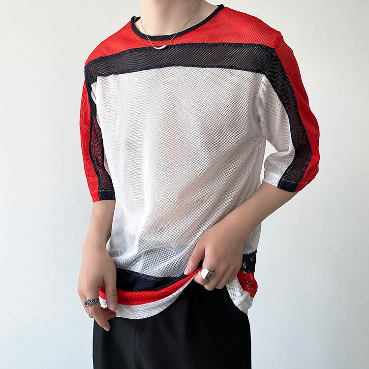 Mesh Contrast Color Round Neck T-Shirt