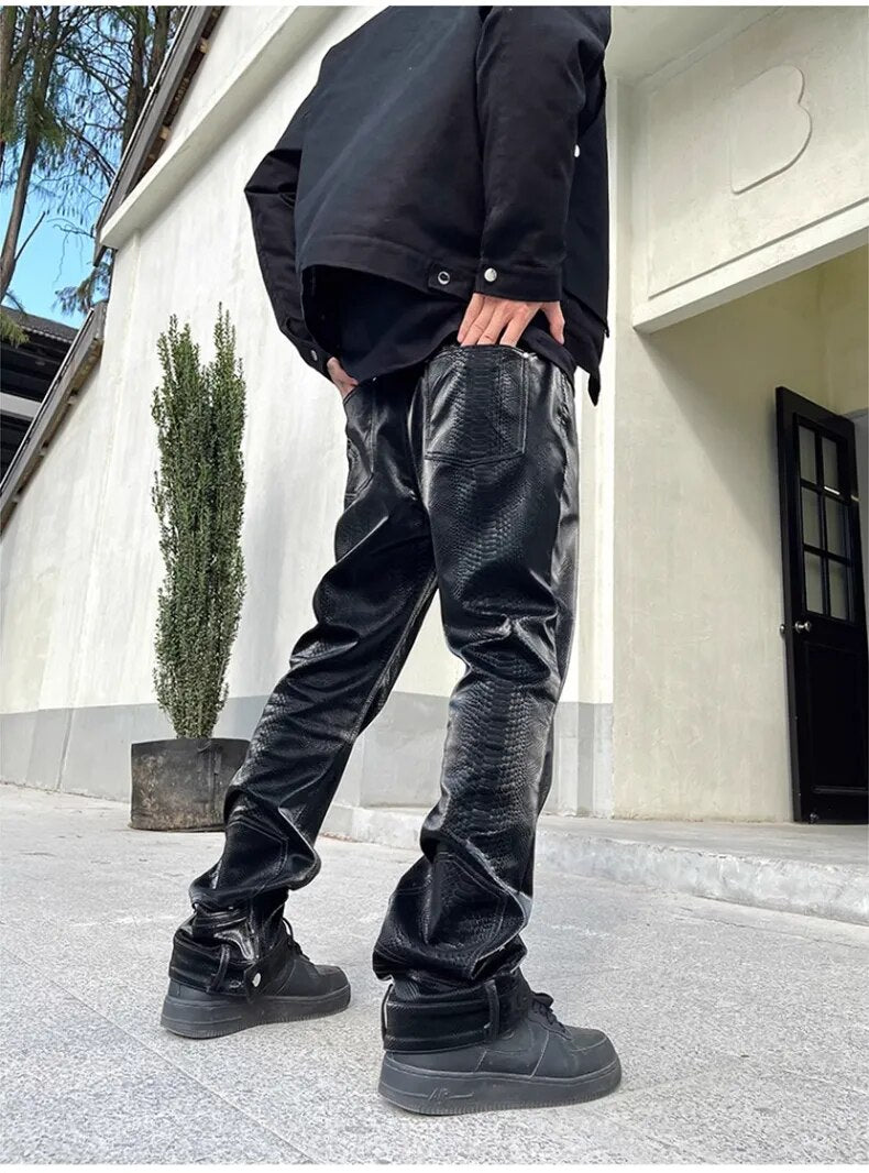 Snake Skin Pattern PU Leather Pants