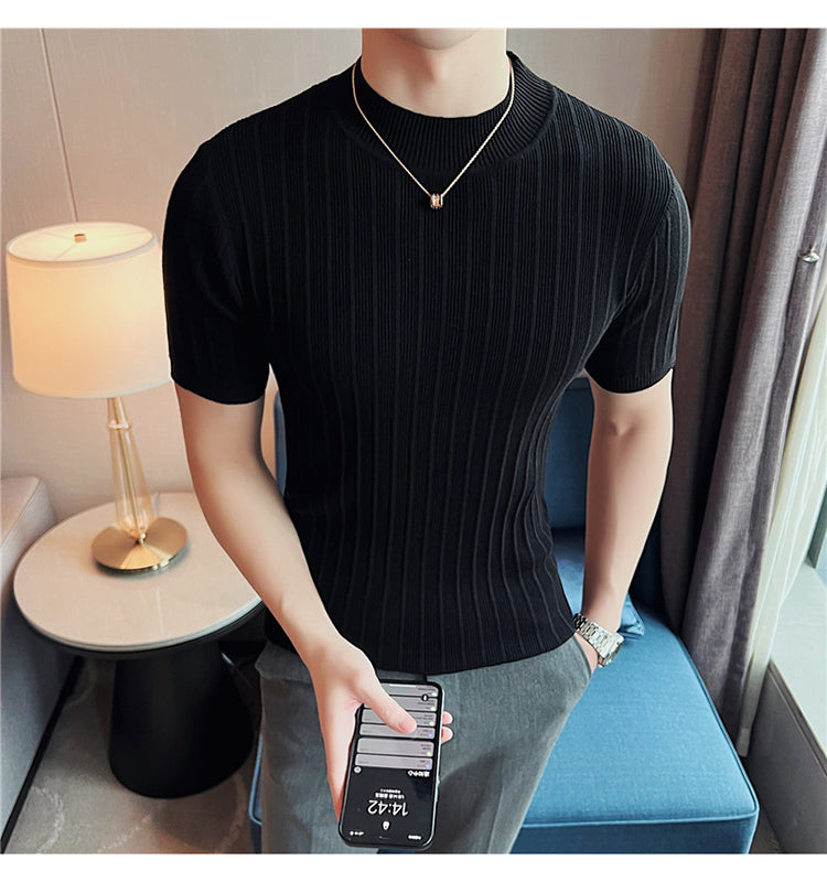 Knitted Elasticity Stripes Polyester T-Shirt