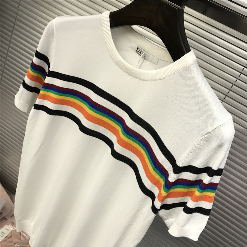 Colorful Stripe Printed Polyester T-Shirt
