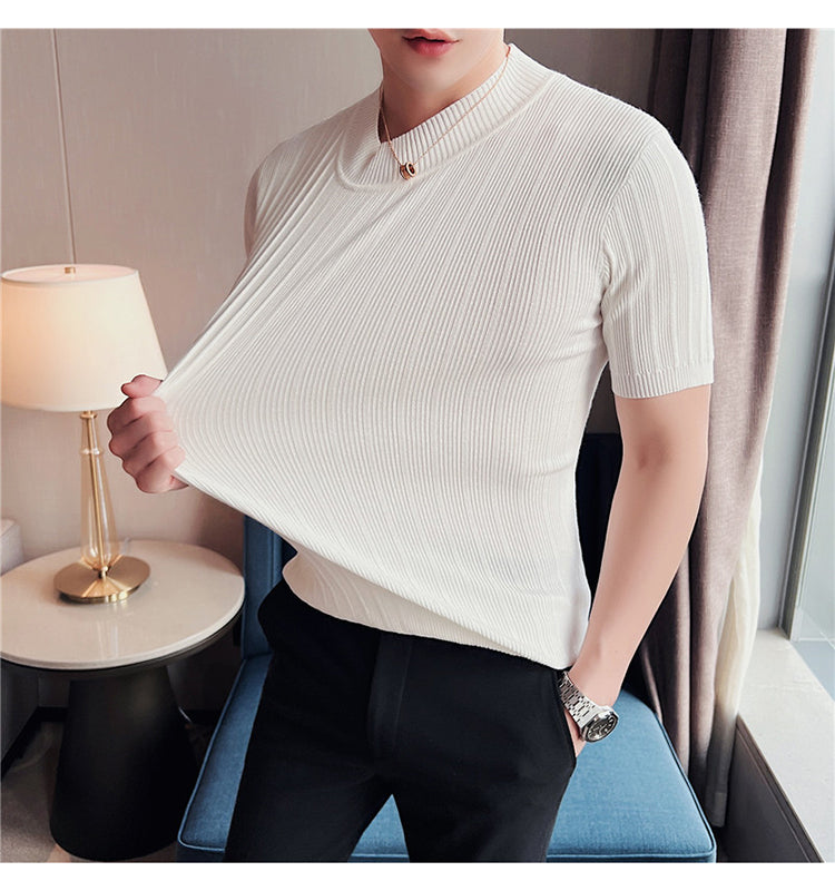 Knitted Elasticity Stripes Polyester T-Shirt