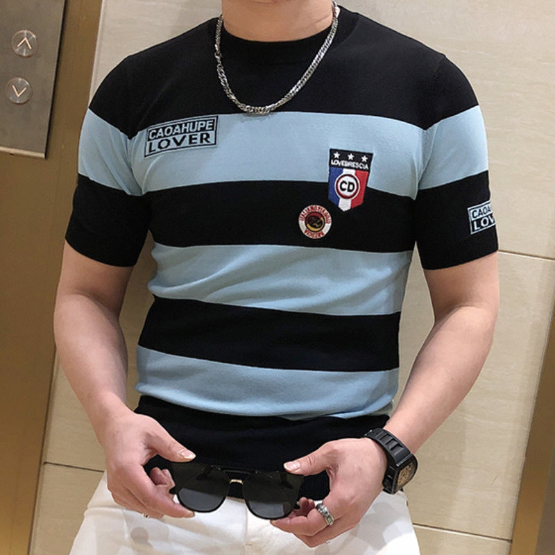 Stripe Embroidery Badge Polyester T-Shirt