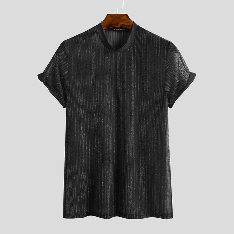 Sheer Shiny Solid O-Neck T-Shirt