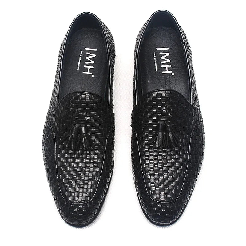 Woven Pattern Tassels Genuine Leather Loafers