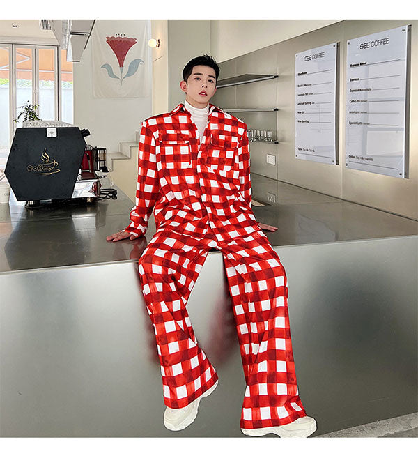 Crimson White Plaid Color Pants Set