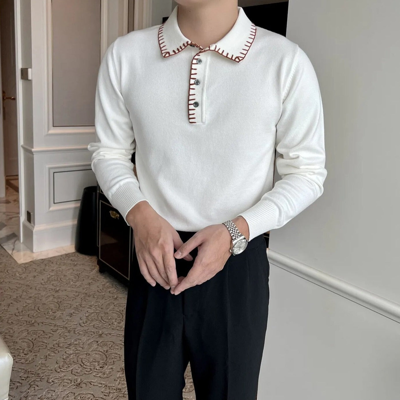 Black White Contrast Stitched Collar Sweater