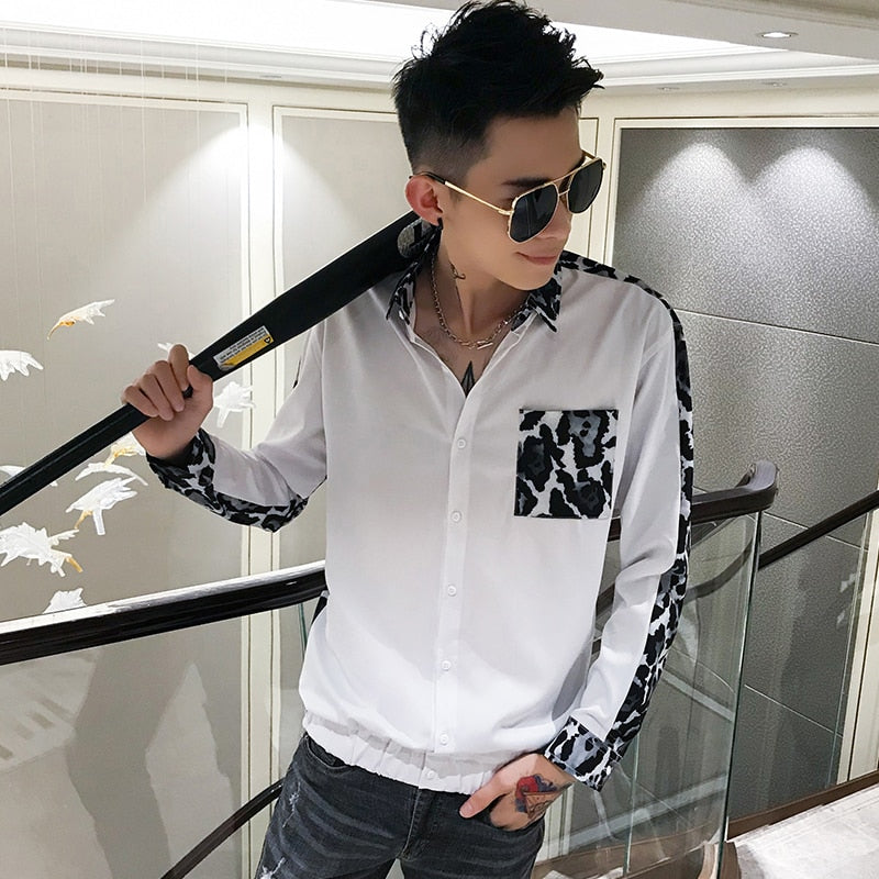 Splice Leopard Print Front Pocket Casual Style Men Shirt