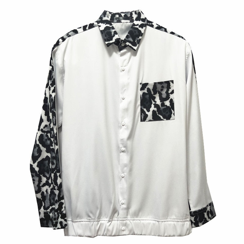 Splice Leopard Print Front Pocket Casual Style Men Shirt