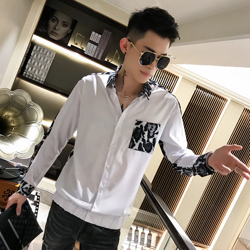 Splice Leopard Print Front Pocket Casual Style Men Shirt