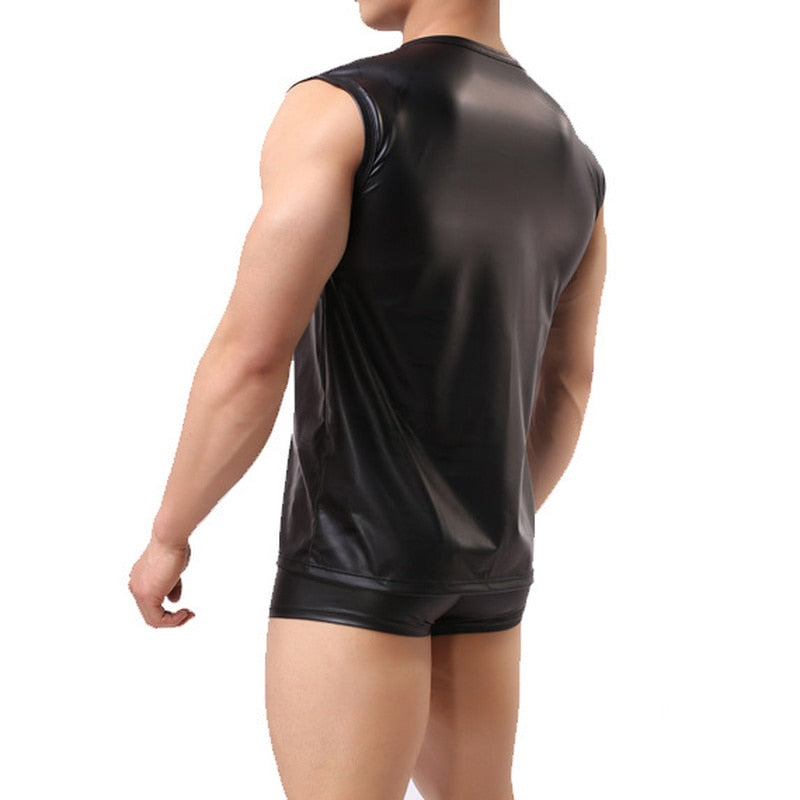 Men's Black PU Leather Undershirt